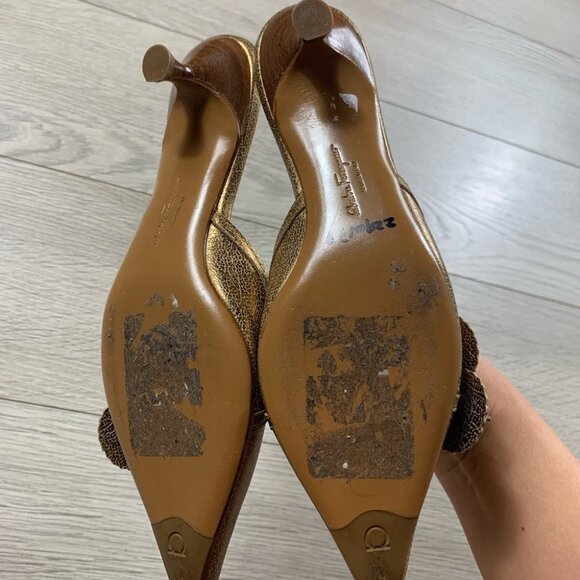 Salvator Ferragamo Gold Floral Kitten Heel Open Back Heels - Picture 9 of 13